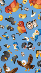 Obraz premium Seamless Vector Pattern of Cute Cartoon Birds on Blue Background