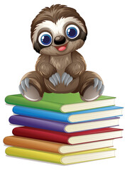 Fototapeta premium Cute Cartoon Sloth Sitting on a Stack of Colorful Books