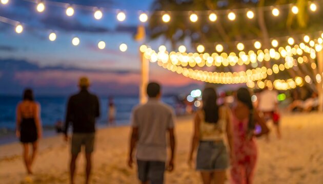 Personas caminando por la playa al anochecer bajo luces decorativas en ambiente festivo de verano