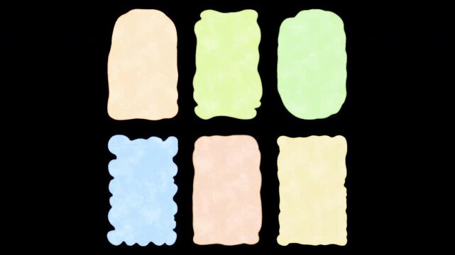 Alpha channel loopable 2D vintage frame animation. Set of hand-drawn pastel borders with changing texture and vibrating lines. Colorful and elegant craft design overlay on transparent background.