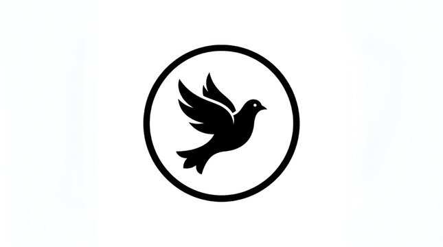 Black silhouette of a flying dove in a circle on white background