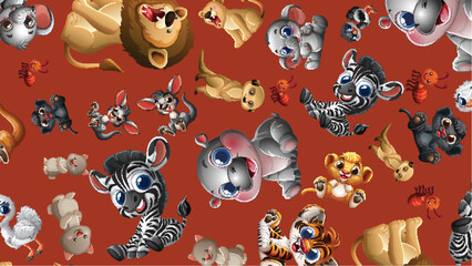 Fototapeta premium Seamless Pattern of Cute Cartoon African Safari Animals on Brown Background