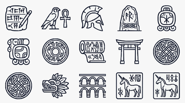 Elegant Black and White Line Art Collection of Ancient Symbols Glyphs and Cultural Icons from Various Civilizations