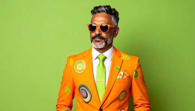 Hombre maduro con traje naranja, corbata verde y gafas de sol sobre fondo verde en retrato de moda exc&eacute;ntrica