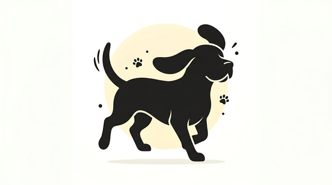 Black dog running with floppy ears and paw prints around, playful cartoon style illustration