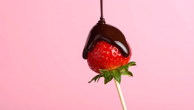 Fresa fresca cubierta con chocolate negro sobre fondo rosa en composici&oacute;n minimalista de postre dulce y rom&aacute;ntico