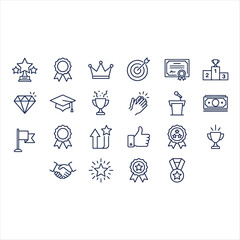 Fototapeta premium Set of success and achievement line icons, including trophy, award, medal, crown, and target