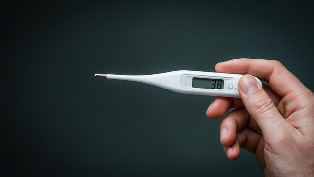 Hand holding a digital thermometer showing high fever temperature of 38 degrees