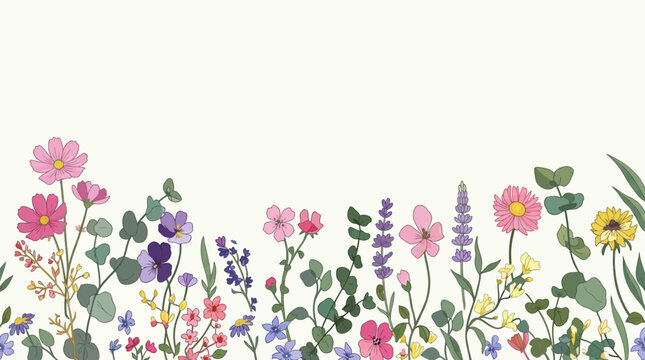 다양한 야생화와 초록색 잎이 어우러진 수채화 스타일의 꽃 일러스트레이션으로, 상단에 여백이 있어 카드나 초대장 디자인에 활용하기 좋은 봄 분위기의 꽃 테두리 배경입니다.