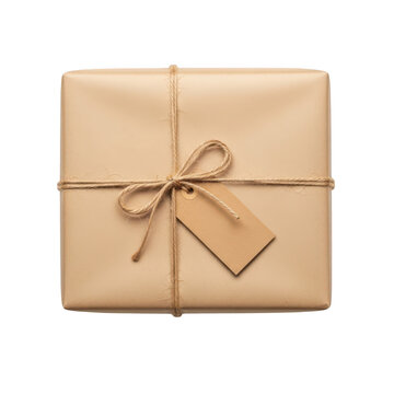 Square brown gift box wrapped in rustic twine with a blank paper tag