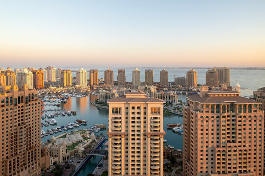Beautiful Aerial View of Pearl Qatar. Roundabout Pearl Qatar at sunset time.	