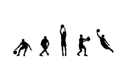 Fototapeta premium Basketball Players in Dynamic Poses with a Basketball Featuring Silhouette, Action, Sport with Game and Dribbling Elements