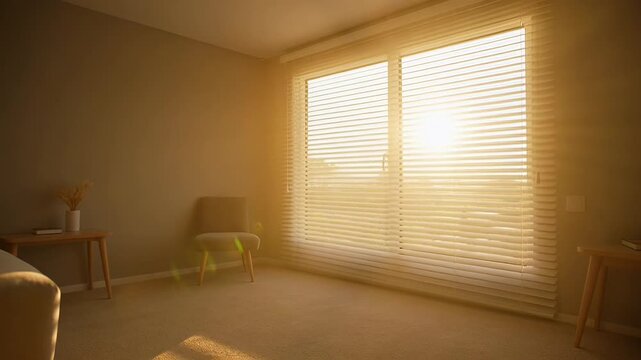 ?Adjusting blinds for warm afternoon sunlight in cozy living room