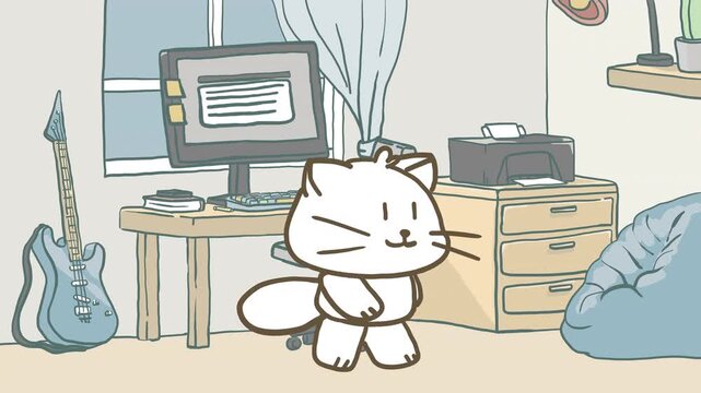 2d animation of cute cartoon cat works on a desktop computer in a cozy home office. Chair turns around, the cat jumps off, and walks away from the desk. Perfect for remote work and freelance concepts.