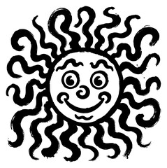 Fototapeta premium Hand Drawn Smiling Sun with Wavy Rays Black Ink Illustration