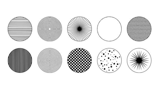 Pattern Circles Illustration Set with Concentric Rings, Checkerboard, Striped, Dotted and Textured Motifs in Monochrome Design