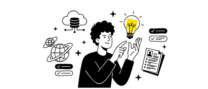 Job candidate cloud developer vector searching database with resume network for creative recruitment and hiring solution, featuring lightbulb idea concept and business data icons on white backgrounds.