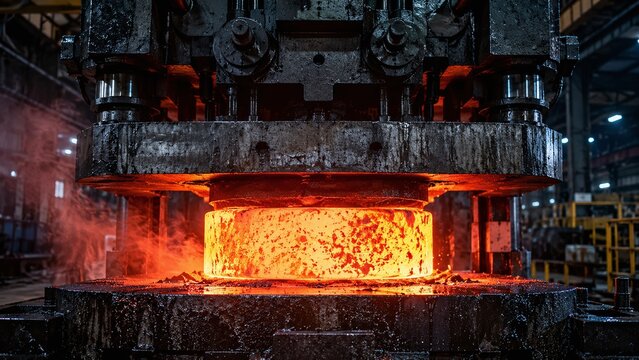 Red hot steel forging under heavy industrial press in metal factory