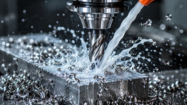 CNC milling machine cutting metal block with coolant splash and metal shavings