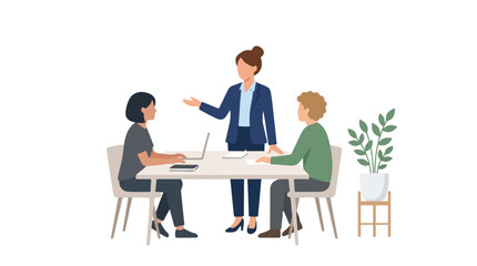 Fototapeta premium A professional woman in a suit leads a business meeting with two colleagues seated at a desk featuring a laptop and a potted plant nearby.