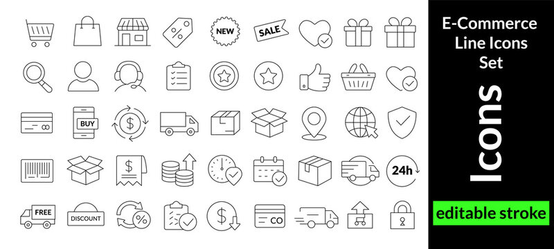 E-commerce line icons set. Online shopping, delivery, payment and store outline vector collection with editable stroke