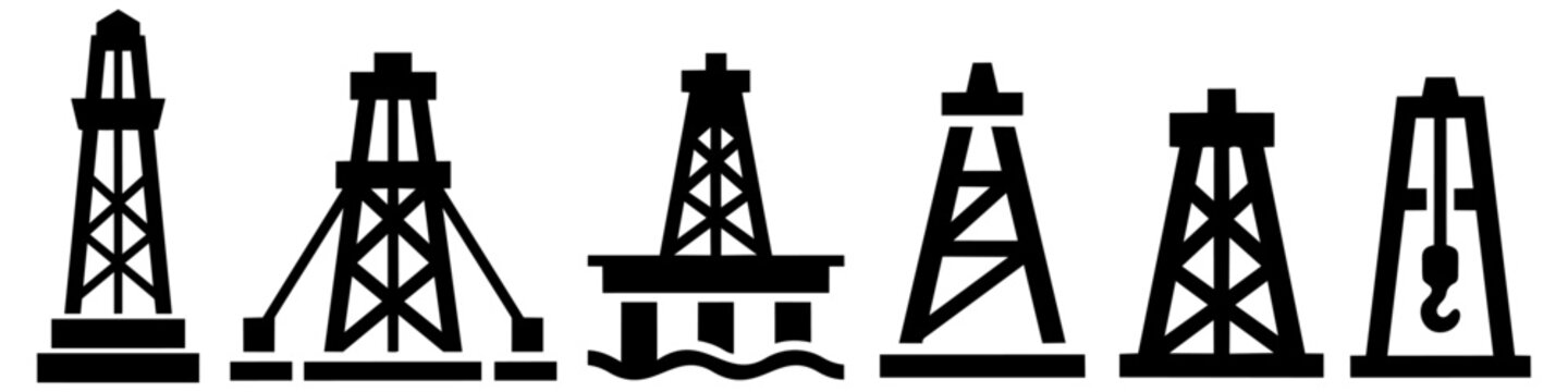 Oil rig and derrick for petroleum industry glyph icon set