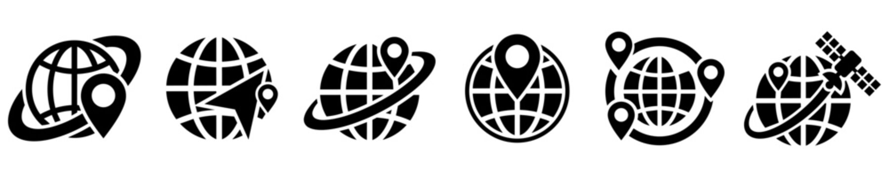 Global navigation, satellite positioning and location tracking glyph icon set