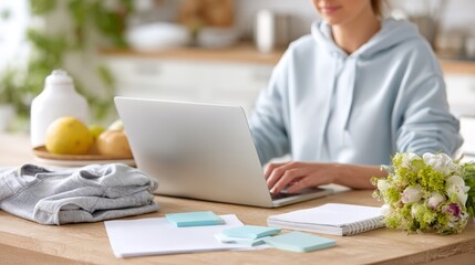 Fototapeta premium Parent working from home at dining table with laptop and notes for remote work background and modern workspace design