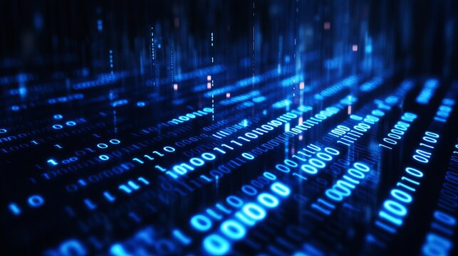 Glowing blue binary code streams moving through a dark digital cyberspace environment representing complex data processing and modern network communication