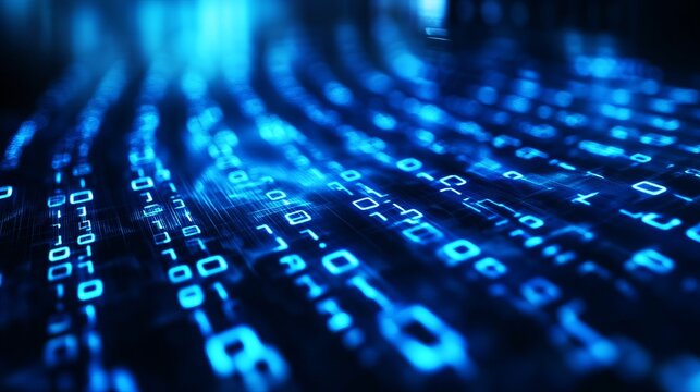 Glowing blue binary code streams flowing across a dark digital screen representing modern cyber security and advanced computer information technology