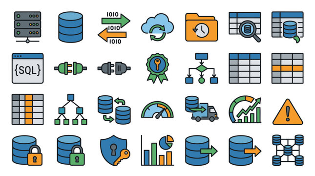 Database Icons: Cloud, Security, Network, Analytics, SQL, Data Flow