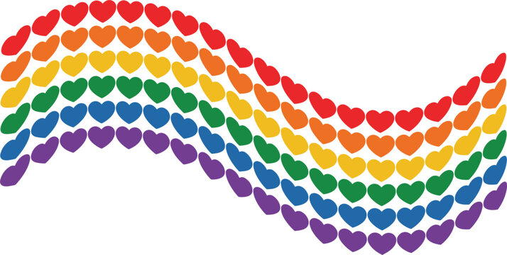 Waving rainbow flag wave made of hearts, isolated LGBTQ pride month vector illustration