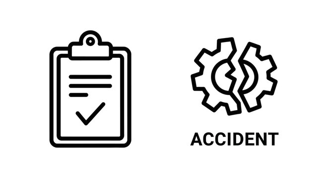 Clipboard task checklist and broken gear accident icons with clipboard checklist accident management mechanical technical document engineering business maintenance