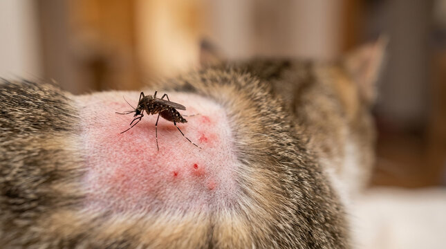 Close up of a cat with mosquito bite marks and a mosquito on its back highlighting dengue virus concerns