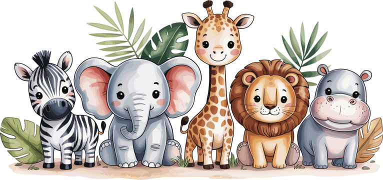 Cute watercolor safari baby animals border with zebra elephant giraffe lion hippo vector illustration