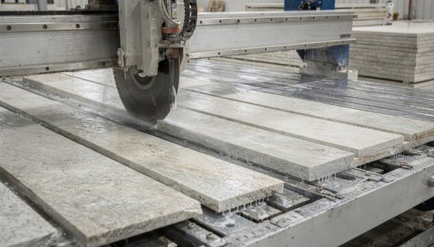 Bridge saw processing wall cladding slabs highlighting clean precise cuts for architectural surface installations in commercial interiors.