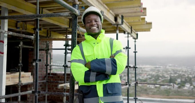 Construction, face and man with arms crossed for site safety, renovation supervision and happy. Scaffolding, black person or laugh outdoor for project foreman, building compliance or labor inspection