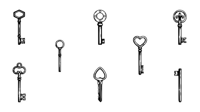 Keys with Various Shapes and Designs Arranged in a Grid Pattern Featuring Key, Antique, Vintage with Ornate and Heart Elements