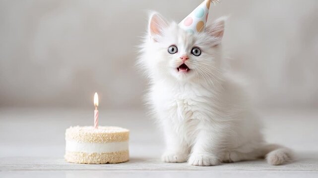 Adorable kitten celebrates first birthday with cake and party hat