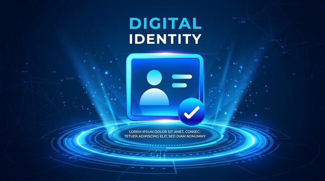 Digital identity verification technology blue interface vector banner with secure user profile and approval checkmark. Modern cybersecurity presentation background  new ai