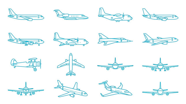 Diverse aircraft models in blue minimalist line style.