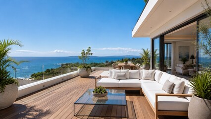 Fototapeta premium Spacious oceanfront wooden terrace with white outdoor sofa and panoramic sea view