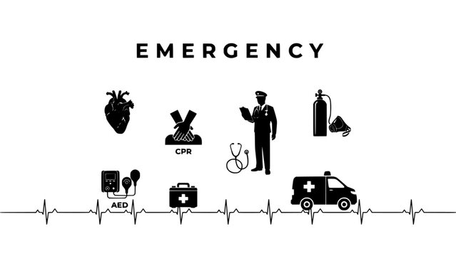 Emergency Medical Icon Set Showing Ambulance, Heart, Cpr, Aed and Cross Signals with Heartbeat Line and Silhouette Figures