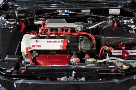 Toyota TRD performance engine bay with carbon fiber details
