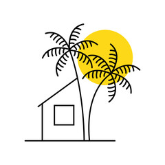Logo agencia de viajes. Vacaciones de verano. Dibujo minimalista con líneas de una casa en una playa tropical con dos palmeras y el sol al fondo  © teracreonte