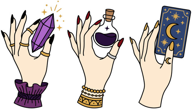 Three stylized hands hold a purple crystal a potion bottle and a celestial tarot card conveying magic and mysticism mystical spiritual divination witchcraft occult gemstone elixir moon