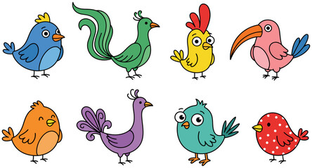 Obraz premium Collection of eight stylized colorful cartoon birds with distinct shapes and expressive eyes depicted in a grid layout cute illustration animals small drawing wildlife creative cheerful