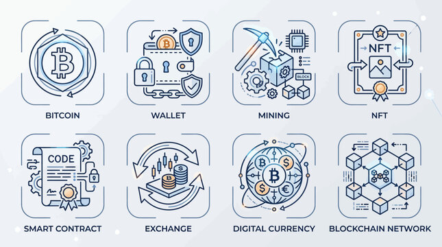 Cryptocurrency Blockchain Icons Linear Style Illustration digital