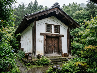 Traditional Japanese Warehouse Kura in Lush Green Forest © Mechkour