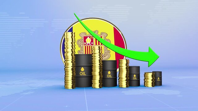 Andorra Oil Prices Decline with Oil Barrels, Gold Coins and Downward Green Arrow, 3D Economic and Financial Market Concept